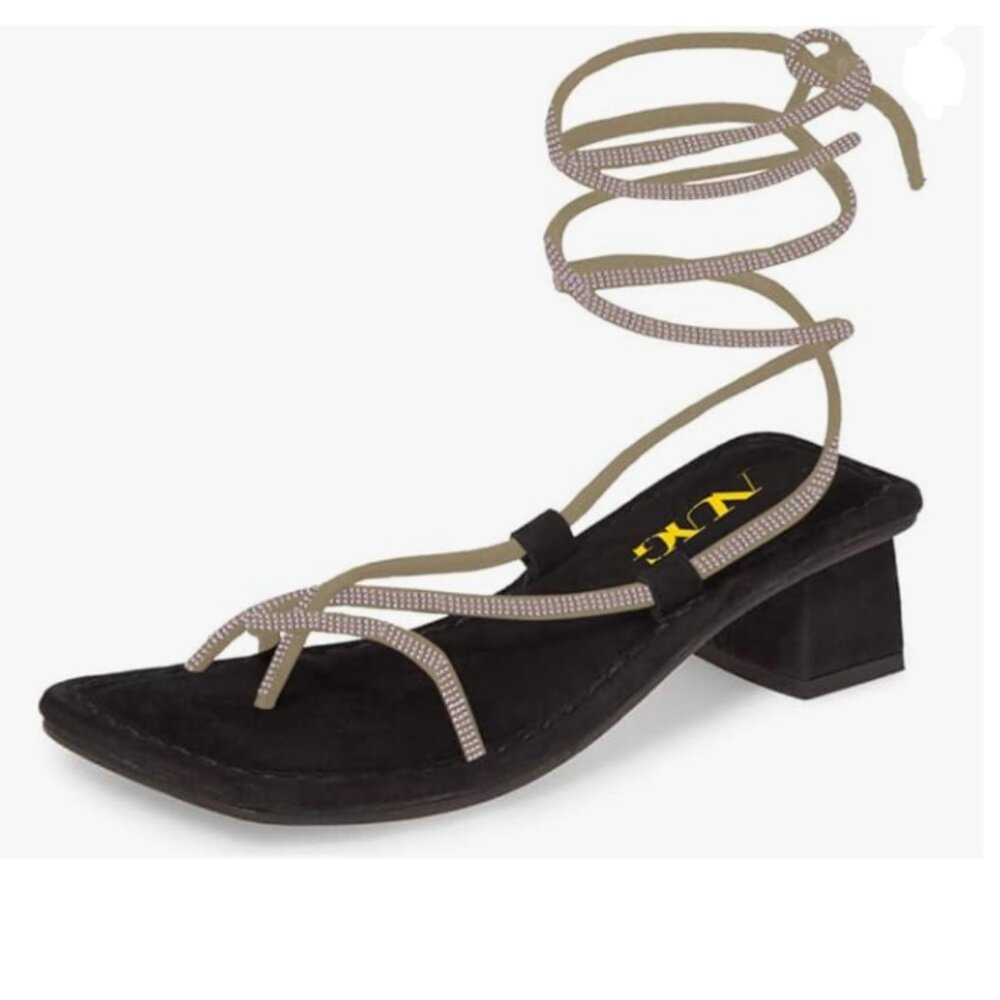 Black Suede Lace-Up Block Heel Sandal with Taupe Straps